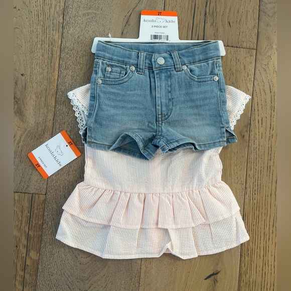 NWT Koala Kids Toddler Girl 2T Short Set Pink Seersucker Lace Summer Jean - Picture 2 of 8